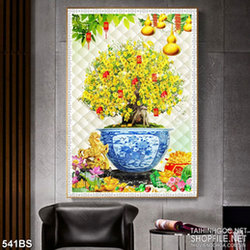 Tranh chậu bonsai psd mai vàng chúc tết bên chú ngựa đúc vàng