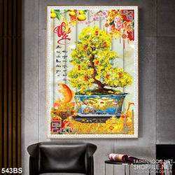 Tranh chậu bonsai mai vàng bên chữ Phúc đón xuân in nghệ thuật