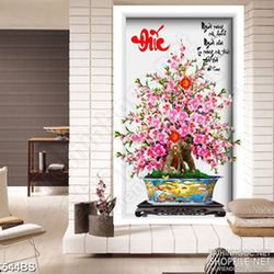Tranh chậu bonsai in uv hoa đào bên chữ Đức đón tết treo tường