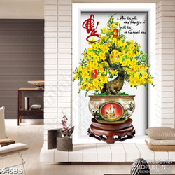 Tranh chậu bonsai trang trí mai vàng bên thư pháp phúc lộc