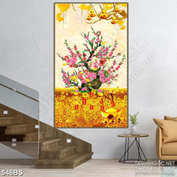 Tranh chậu bonsai in 3d treo tường hoa đào bên núi kim tiền