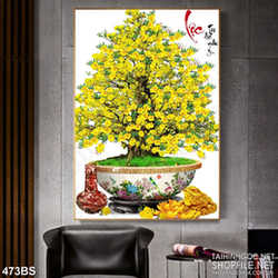 Tranh chậu bonsai dán tường mai vàng phát tài phát lộc in 8d