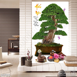 Tranh chậu bonsai wall 3d thư pháp hiếu nghĩa bên đàn bướm