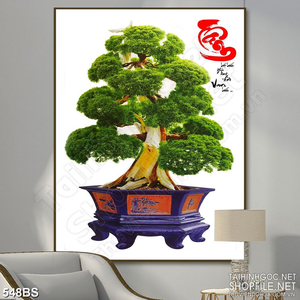Tranh chậu bonsai in 8d chữ Tâm thư pháp chúc tết dán tường