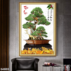 Tranh chậu bonsai thư pháp tài lộc bên núi kim tiền in gạch men