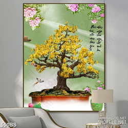 Tranh chậu bonsai phong thủy mai vàng bên hoa mẫu đơn nở rộ