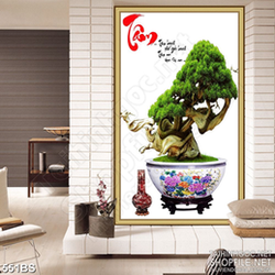 Tranh chậu bonsai decor chữ Tâm thư pháp đón tết treo tường