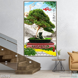 Tranh chậu bonsai in lụa chữ Đức bên núi phủ tuyết dán tường