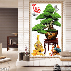 Tranh chậu bonsai kì lân trên trái bầu khắc chạm ngọc in canvas