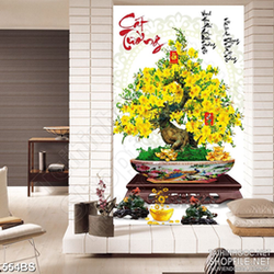 Tranh chậu bonsai psd mai vàng bên hai chữ Cát Tường chúc tết