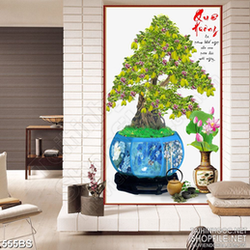 Tranh chậu bonsai in 5d cây khế trĩu quả bên hai chữ Quê Hương