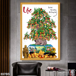 Tranh chậu bonsai in uv cây sung sai quả bên thần tài đúc vàng