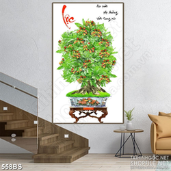 Tranh chậu bonsai treo tường chữ Lộc thư pháp đón tết trang trí