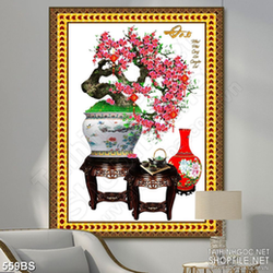 Tranh chậu bonsai hoa đào bên tách trà ấm in 3d treo tường