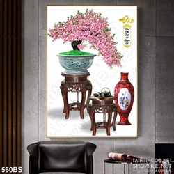 Tranh chậu bonsai wall 3d hoa đào bên bình gồm sứ mừng xuân