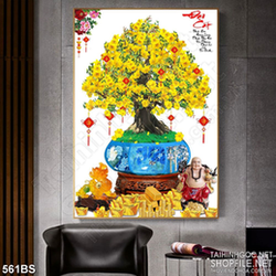 Tranh chậu bonsai mai vàng kì lân giả ngọc in 8d dán tường