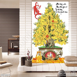 Tranh chậu bonsai phong thủy đón tết mai vàng và núi kim tiền