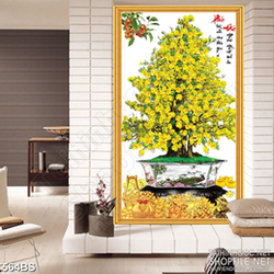 Tranh chậu bonsai decor mai vàng bên núi kim tiền dán tường