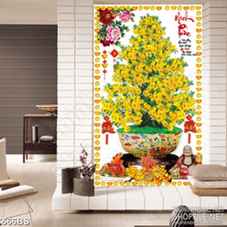 Tranh chậu bonsai in canvas mai vàng bên Phật Di Lặc treo tường