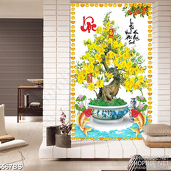Tranh chậu bonsai psd mai vàng bên đôi cá chép mừng xuân sang