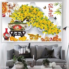 Tranh chậu bonsai mai vàng khoe sắc bên chữ Phúc Lộc Thọ in 5d