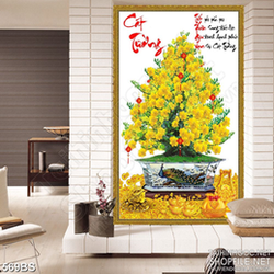 Tranh chậu bonsai in nghệ thuật mai vàng và thư pháp cát tường