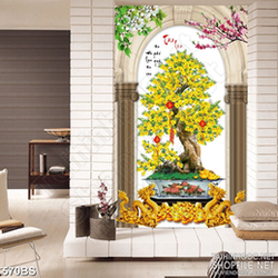 Tranh chậu bonsai mai vàng bên đôi rồng vàng mừng xuân in uv