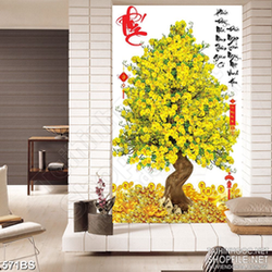 Tranh chậu bonsai trang trí mai vàng và núi kim tiền treo tường
