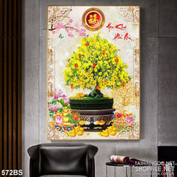 Tranh chậu bonsai mai vàng hoa khai phú quý đón xuân in 3d