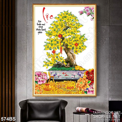 Tranh chậu bonsai mai vàng khoe sắc bên hoa mẫu đơn in 8d