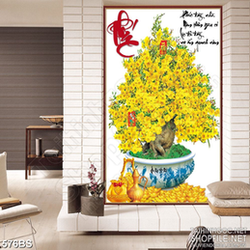 Tranh chậu bonsai phong thủy mai vàng bên núi kim tiền đón tết