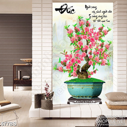 Tranh chậu bonsai decor hoa đào khoe sắc bên chữ Đức thư pháp