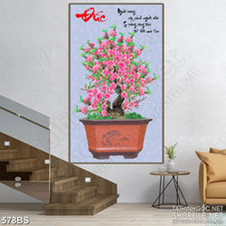 Tranh chậu bonsai hoa đào bên chữ Đức thư pháp đón tết in lụa