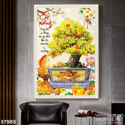 Tranh chậu bonsai in canvas mai vàng bên cá chép vàng đón xuân