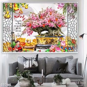 Tranh chậu bonsai psd hoa đào cát tường bên những đứa trẻ nhỏ