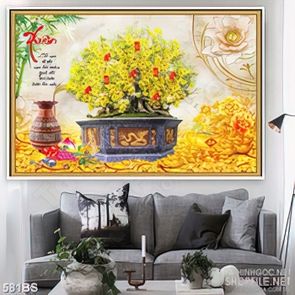 Tranh chậu bonsai in 5d mai vàng bên hoa kim tiền treo tường