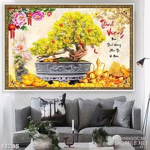 Tranh chậu bonsai nghệ thuật mai vàng bên thư pháp thịnh vượng