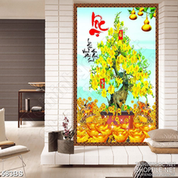 Tranh chậu bonsai dán tường in uv mai vàng tấn lộc chúc tết