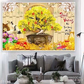 Tranh chậu bonsai mai vàng đón tết bên đàn cò trắng trang trí