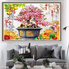 Tranh chậu bonsai wall 3d hoa đào bên dưa hấu đỏ đón xuân