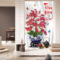 Tranh chậu bonsai hoa phong lan khoe sắc bên đàn bướm in 8d