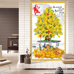 Tranh chậu bonsai in gạch men mai vàng bên chữ Phúc chúc tết