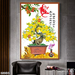 Tranh chậu bonsai phong thủy mai vàng bên cành sung sai quả