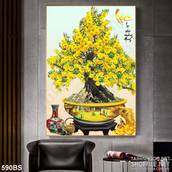 Tranh chậu bonsai decor mai vàng bên cá chép đúc vàng rồng