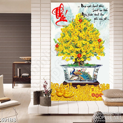 Tranh chậu bonsai hoa mai vàng khoe sắc bên chữ Phúc in lụa