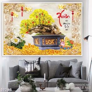 Tranh chậu bonsai psd mai vàng bên đầm sen trắng dán tường