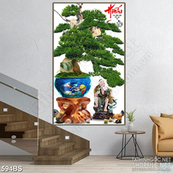 Tranh chậu bonsai in 5d cụ già ngồi cho đàn gà ăn điêu khắc đá