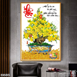 Tranh chậu bonsai nghệ thuật mai vàng bên hoa chữ Lộc thư pháp