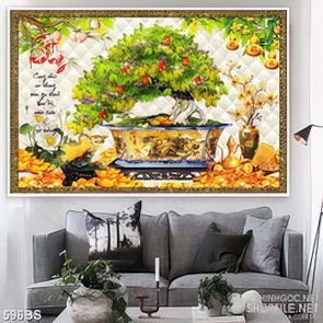 Tranh chậu bonsai cây khế sai trĩu quả bên vườn đào tiên in uv