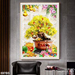 Tranh chậu bonsai trang trí mai vàng đón tết bên dưa hấu đỏ